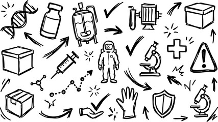 Fototapeta premium Hand Drawn Biotechnology and Pharmaceutical Laboratory Icons Set with DNA, Microscope, Bioreactor, Hazmat Suit, and Medical Equipment Doodles for Scientific Research and Manufacturing