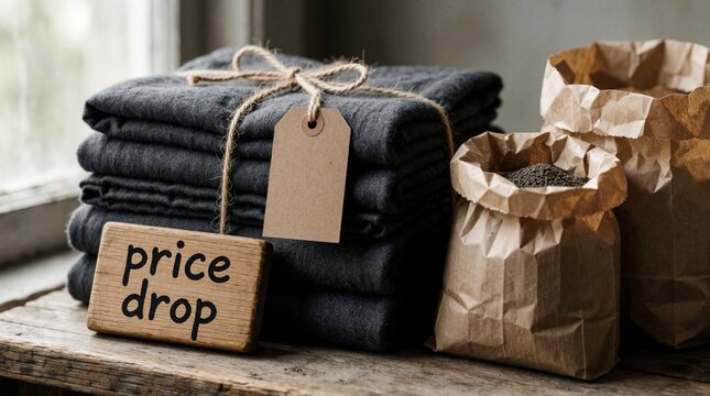 Stacked dark fabric items tied with twine display a price drop sign. Brown paper bags filled with granular material sit nearby. Sale promotion or retail offer context.