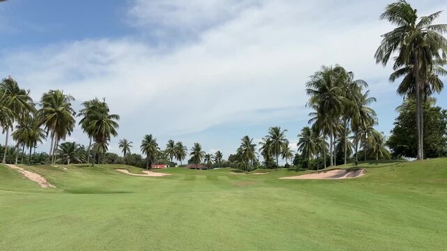 Slow panning view of tropical golf course with palm trees and sand bunkers in Thailand