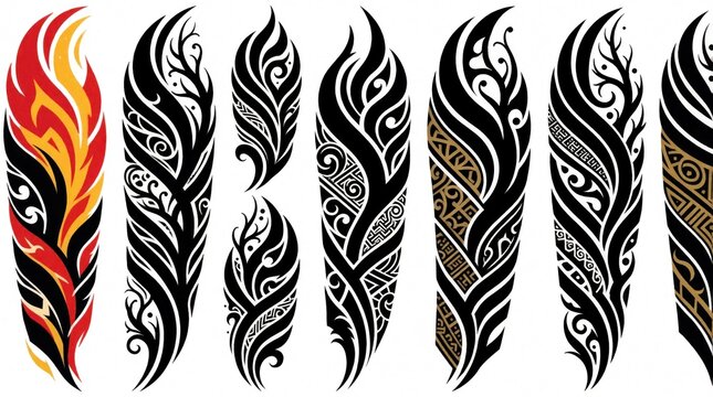 Set of tribal tattoo designs on white background. Black ink sleeve patterns with ornamental scroll swirl, flame motifs. Illustrations show celtic maori style art for arm skin decoration. Decorative