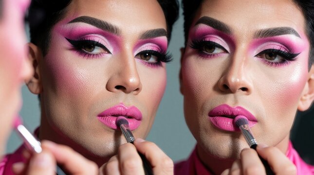 Man applies bold pink lipstick using makeup brush, looking in mirror. Vibrant eye shadow and contour complete glamorous look. Transformation for performance or self expression.