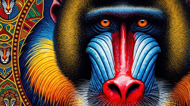 Close up portrait of colorful mandrill monkey head. Traditional African pattern background with vibrant shades. Graphic animal illustration with ornate tribal detail style. Exotic wildlife face