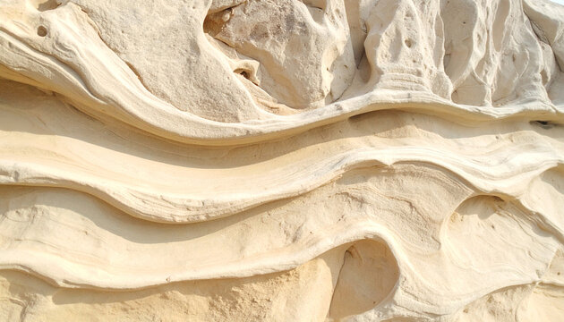 Close-up of naturally eroded wavy limestone rock formations with fluid tan and beige sedimentary layers