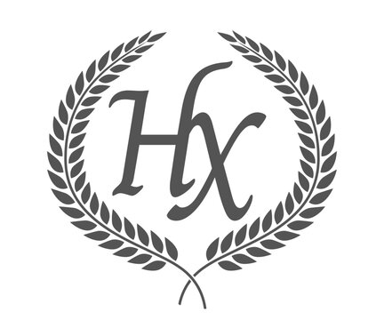 Initial letter H and X, HX monogram logo design with laurel wreath. Luxury calligraphy font.