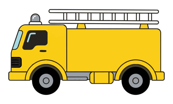 A bright yellow toy-like fire engine truck with a white ladder and blue emergency light, shown in side profile on a pure white background, ideal for children's designs or icons. Emergency vehicle