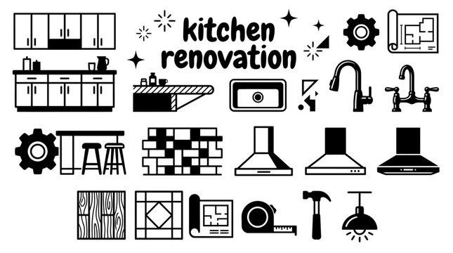 kitchen renovation elements featuring cabinets countertops sinks faucets islands backsplashes range hoods flooring and modern remodeling materials vector collection set for interior design home
