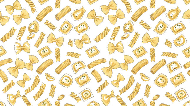 Hand drawn italian pasta seamless pattern vector background featuring farfalle bow tie ravioli rigatoni tortellini fusilli and penne shapes