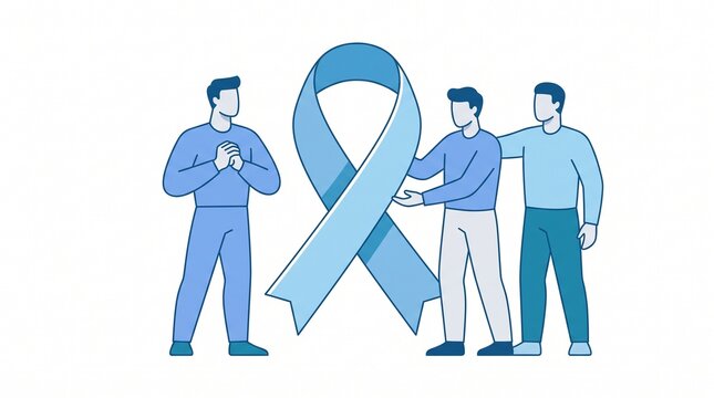 Minimalist flat vector illustration for Blue November (prostate cancer awareness), featuring a prominent blue ribbon in the center and stylized male figures showing support and strength.