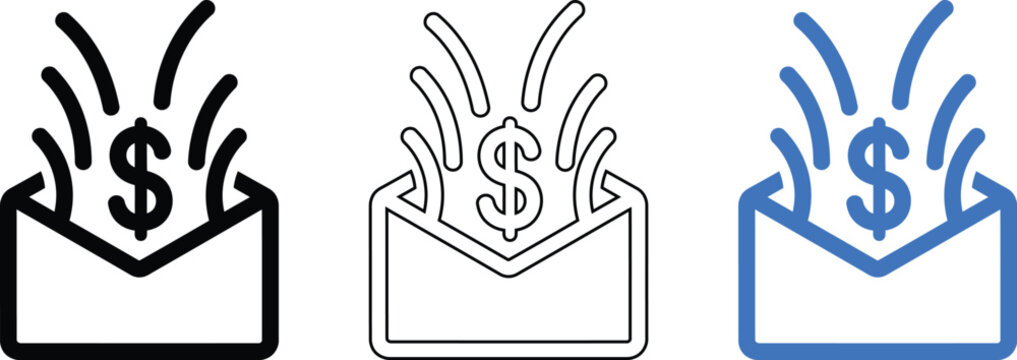 Dollar sign coming out of open envelope icons set for cash gift and financial payment.