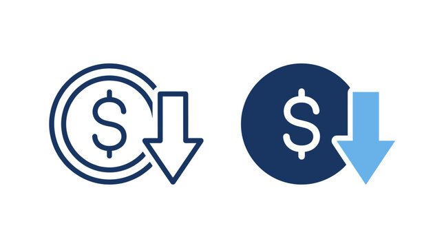 Two icons depicting a dollar coin with a downward arrow, representing financial decline or a drop in value.