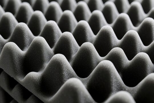 Macro shot of grey acoustic foam material with egg crate pattern surface. Soft soundproof panels create wavy texture for home studio noise insulation. Industrial background for recording audio