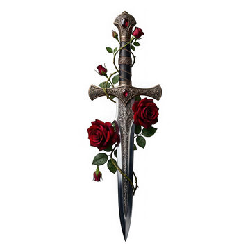Ornate fantasy dagger wrapped in red roses isolated on transparent background