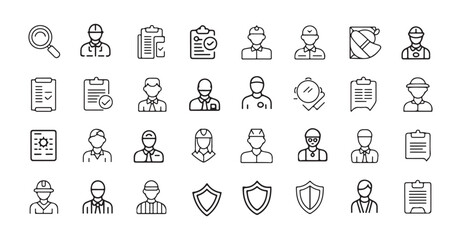 Fototapeta premium Professional security personnel and inspection checklist outline icons for safety and facility management systems.