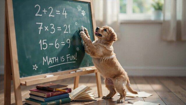 Adorable golden retriever puppy solving math problems on a chalkboard, cute dog student in a classroom setting, funny pet education concept