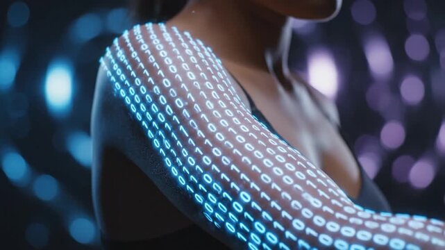 Woman with glowing digital binary code projection on her arm and shoulder