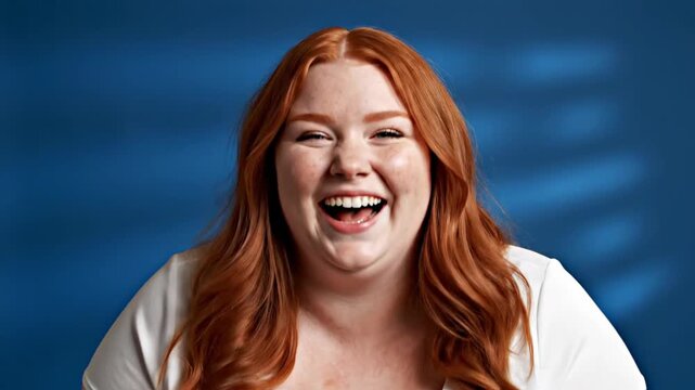Young red-haired plus-size woman laughs heartily with genuine joy on a blue background