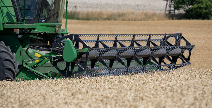 Louny, Czech Republic - July 25, 2026: Close-up of a John Deere combine header cutting ripe wheat during the summer harvest.