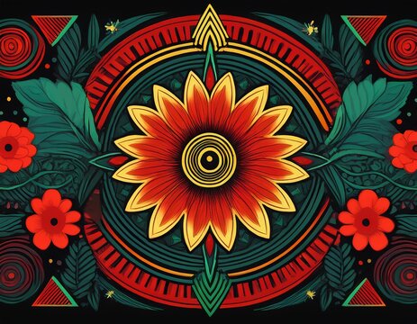 vibrant juneteenth graphic with colorful flowers and geometric patterns on black background celebrating freedom day