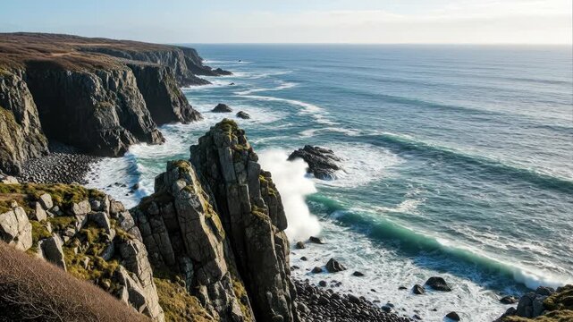 Ocean Waves Crashing Against Rugged Coastal Cliffs