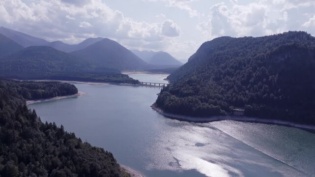 Aerial View of a Mountain Reservoir During Summer Drought with Low Water Levels. Sylvensteinspeicher, Germany
