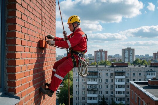 Man rappels down red brick wall, wearing safety harness and yellow helmet. He works on building facade, cityscape background, blue sky clouds.