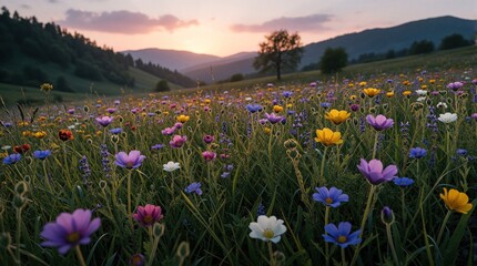 Obraz premium Colorful wildflowers bloom in mountain valley at sunset. Diverse flowers in purple, yellow, pink, and blue fill vast field with rolling hills beyond. Soft sky colors at dusk create peaceful landscape.