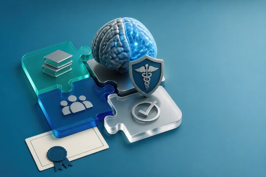 Brain health and medical care concept with puzzle pieces and shield