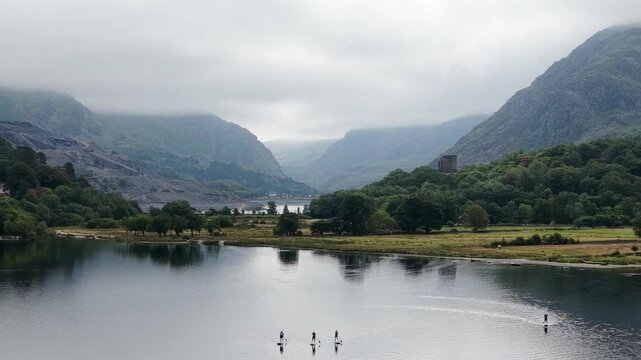 Aerial Views Of Llyn Padarn, Llyn Peris and Llanberis Pass (lake and mountains) in North Wales