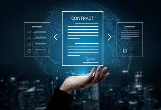 A conceptual image depicting a hand presenting a digital contract against a vibrant city backdrop, symbolizing modern business agreements and online negotiation processes. Cyphers