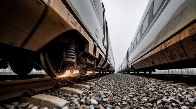 Low angle view of high speed train wheel on track. Sparks fly from fast moving train on gravel railway. Two trains travel on parallel lines.