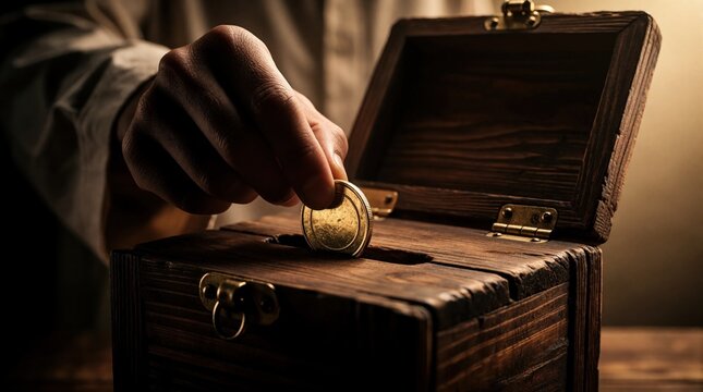 Hand inserts gold coin into wooden donation box. Person gives money for charity project. Islamic zakat tradition concept. Philanthropy act helps poor community. Funding religious relief support