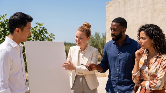 Business team presenting project idea near blank whiteboard mockup poster on easel board outdoors during informal corporate meeting with copy space