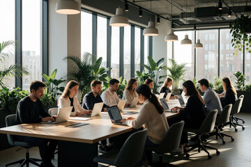 Fototapeta premium Group of pro business colleagues work on laptops at long table in modern bright coworking office space. Men, women employees sit in chairs near windows with green plants. Team members focus on