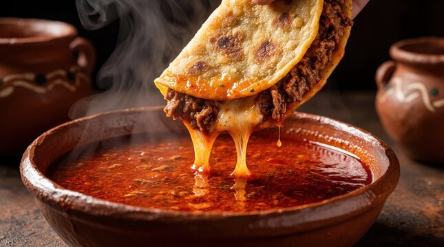 Crispy quesabirria taco dips into steaming hot beef consome broth. Melted cheese stretches from golden corn tortilla filled with savory shredded meat. Authentic Mexican street food meal served in