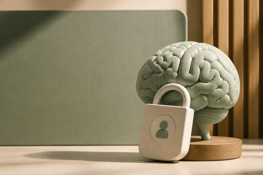 Locked brain 3D render on minimalist desk with copy space