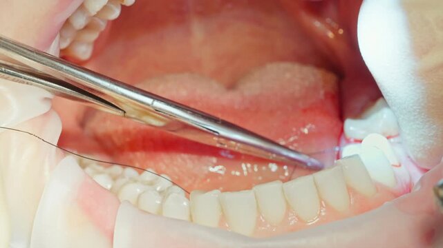 Close up a qualified dental surgeon stitches the gum with sterile threads after installing a dental implant bode, which is screwed into the bone jaw