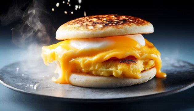 sizzling egg and cheese sandwich on toasted english muffin sandwich morning meal sandwich
