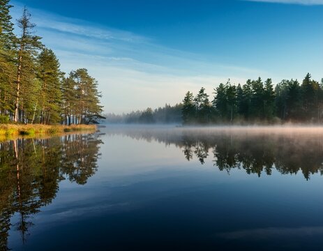 serene morning mist over calm lake with forest reflection