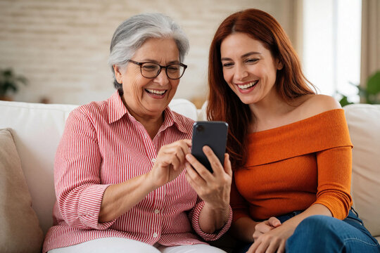 Mature mother, adult daughter sit on couch in home living room. Smile looking at smartphone together. Woman, senior parent hold mobile phone device, watch video online, use internet app, enjoy
