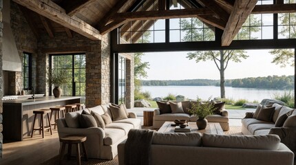 Fototapeta premium Rustic living room with lake view, stone walls, wood beams. Modern kitchen island, comfortable sofas, natural materials create cozy atmosphere for relaxation, family time. Large windows offer scenic