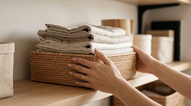 Woman hands arranging folded linen clothes in woven basket on wooden shelf, home organization interior storage decluttering laundry closet tidying room