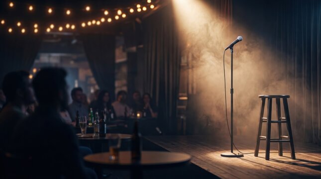Microphone on stand with wooden stool on stage in dark club spotlight open mic stand up comedy night event photo