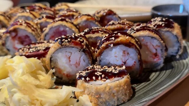 Crispy fried sushi rolls with pickled ginger in assorted sushi platter, close up of Japanese cuisine served in restaurant