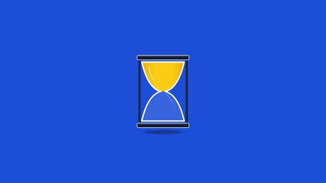 Animated hourglass with yellow sand on a blue background.