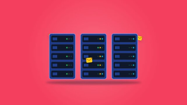 Illustration of data center server racks with flying email icons on a pink background.