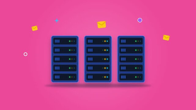 Data server racks with email icons on a pink background.