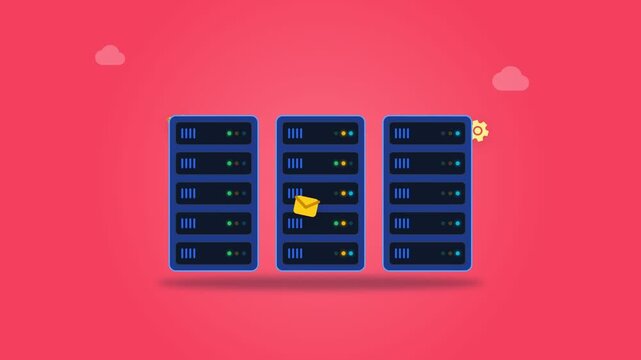 Flat design illustration of data servers with email and gear icons on a pink background.
