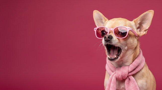 Funny cute chihuahua dog wearing pink sunglasses and knitted scarf screaming or singing isolated on pink background with copy space for pet banner