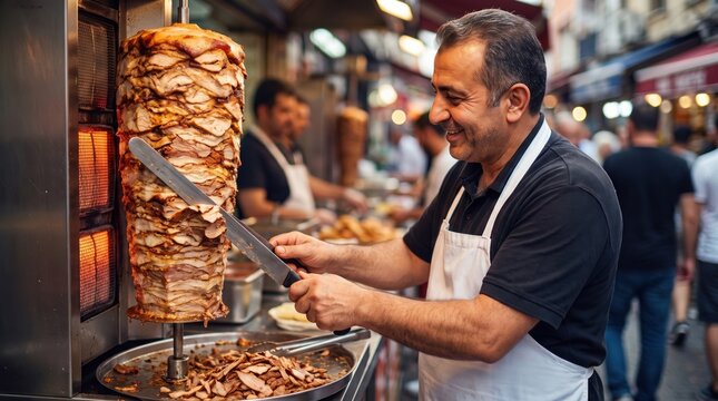 Smiling chef slicing roasted doner kebab meat on vertical rotisserie spit at outdoor street food market stall in city center