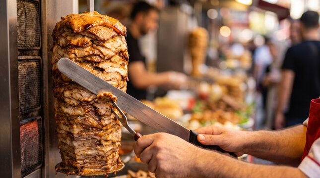 Chef hands slicing juicy roasted doner kebab meat with sharp knife on vertical rotisserie spit at authentic street food market stall